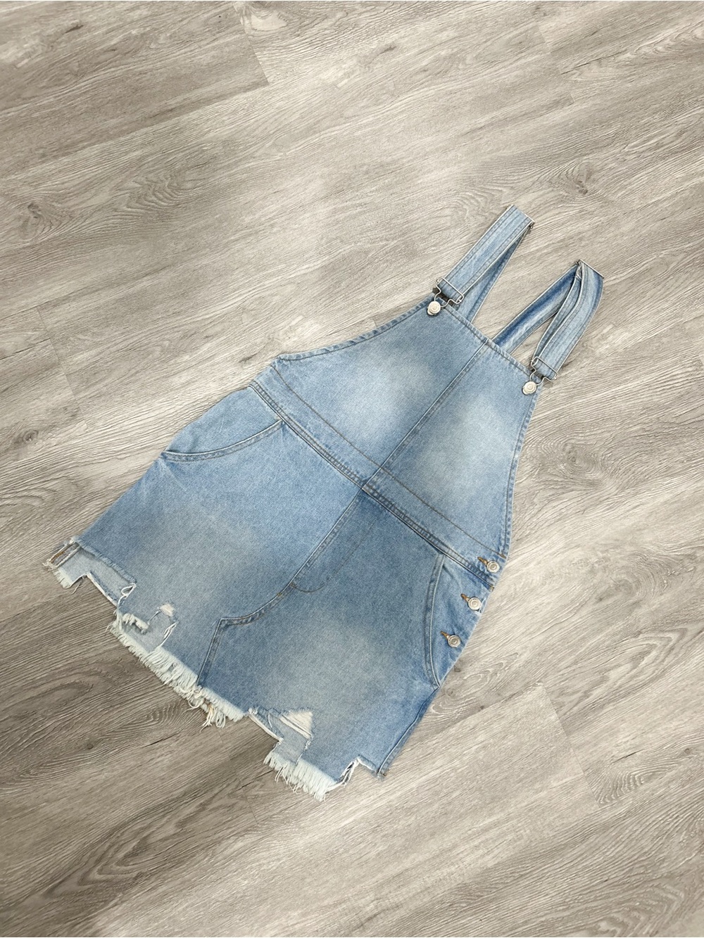 Light Blue Denim Mini Pinafore Dress with Frayed Hem